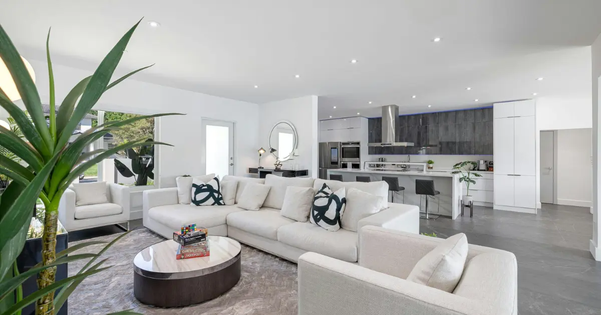 Modern living room with open kitchen